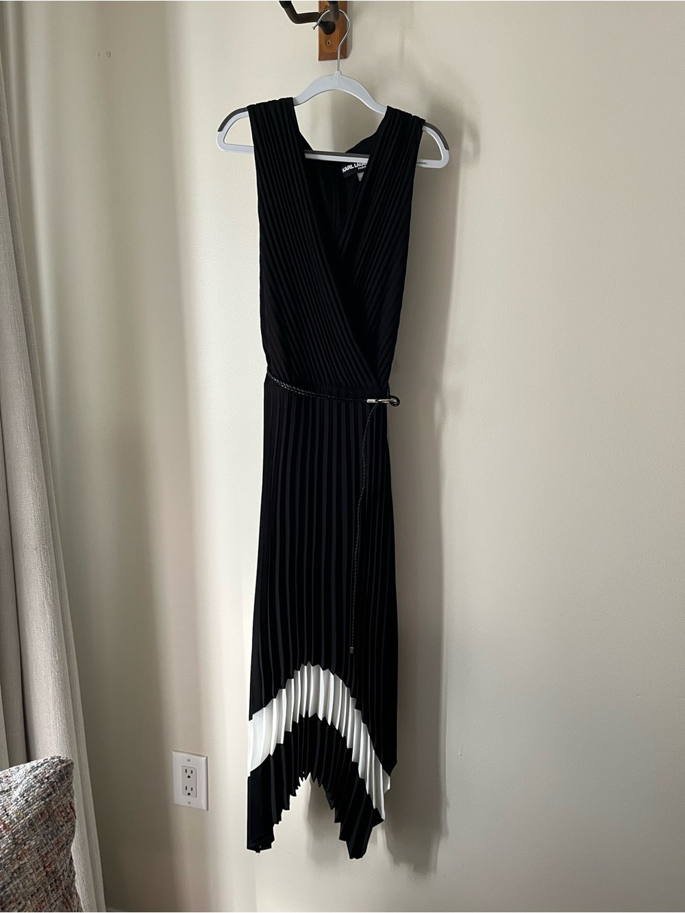 Karl Lagerfeld Black & White Pleated Wrap Midi Dress